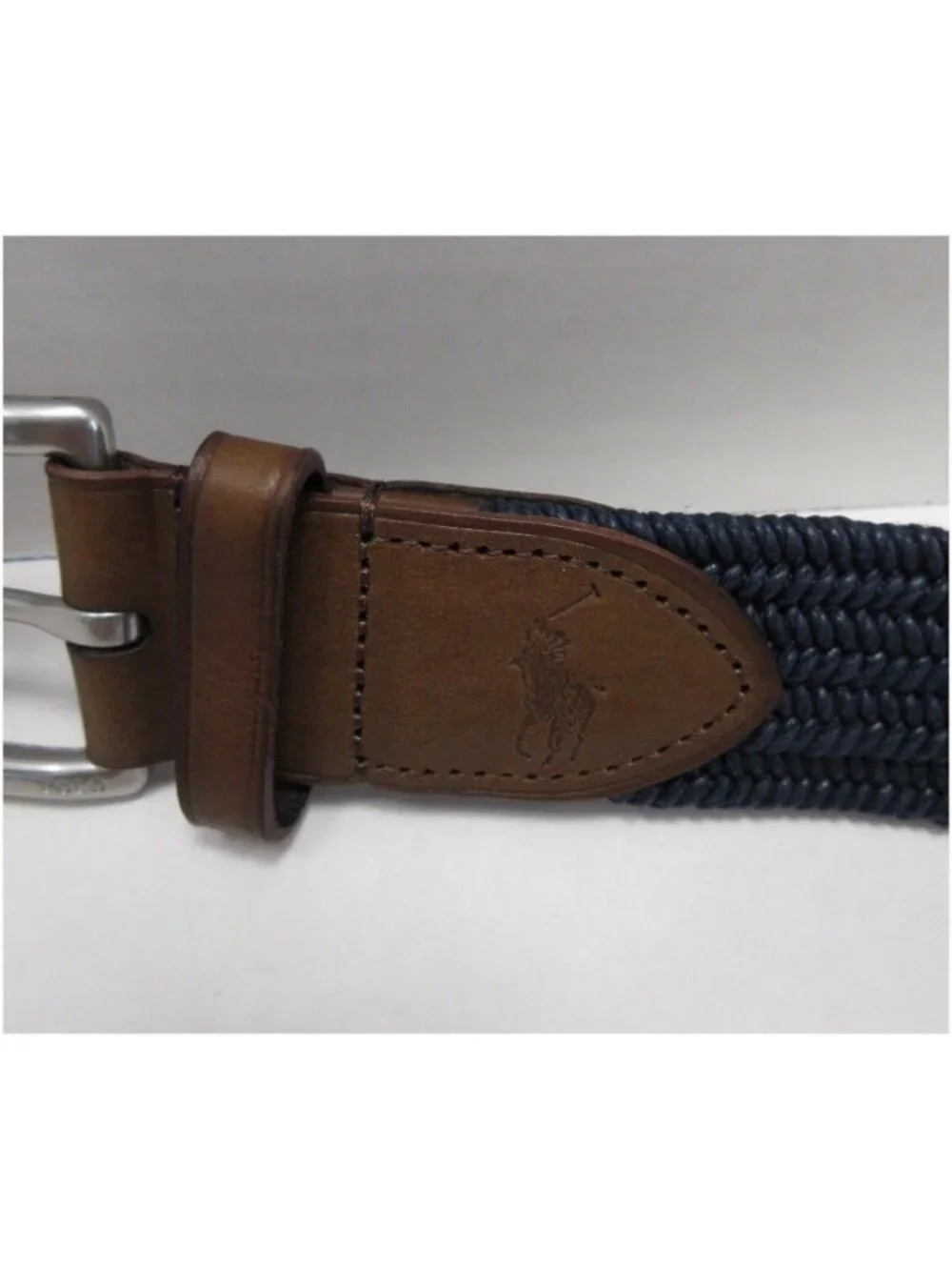 Polo Ralph Lauren Belt XL Navy Braided Canvas Woven Leather Trim Pony